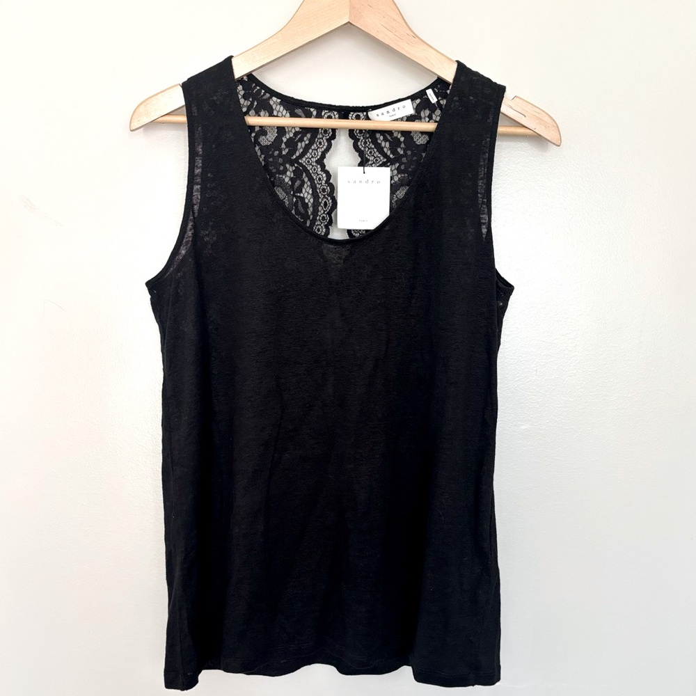 Sandro Paris Tango Lace Back‎ Tank Top Noir Black Linen Blend T11239E Size 3